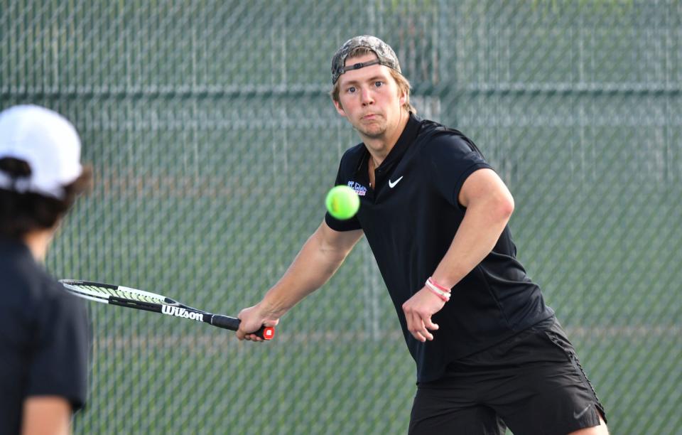 Tech's Ripley Garden concentrates on the ball during a doubles match against Monticello Wednesday, May 18, 2022, at Tech High School.