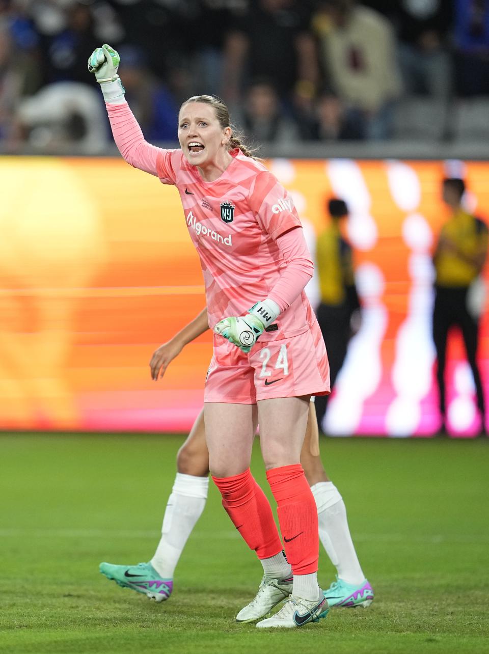 New Jersey/New York Gotham FC goalkeeper Mandy Haught (24) reacts after a save against OL Reign in Saturday's NWSL final.