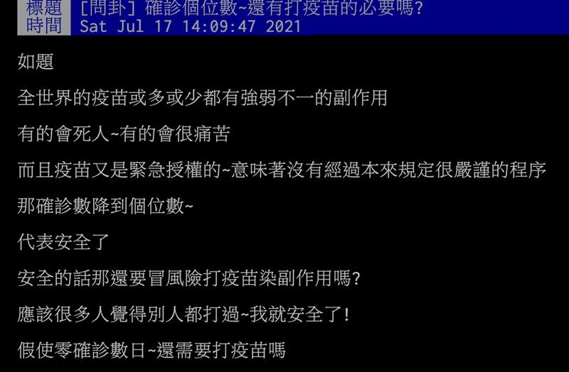 確診降到個位數，原PO好奇「還有打疫苗的必要？」（圖／翻攝自PTT）