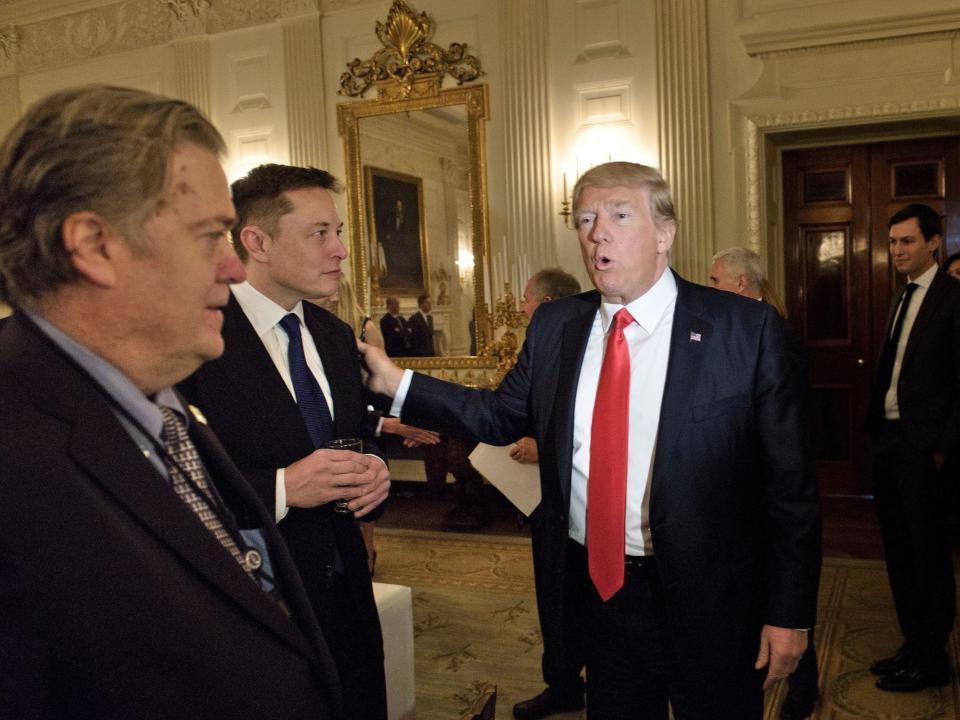 From left to right at the White House: Steve Bannon, Elon Musk, Donald Trump, Jared Kushner