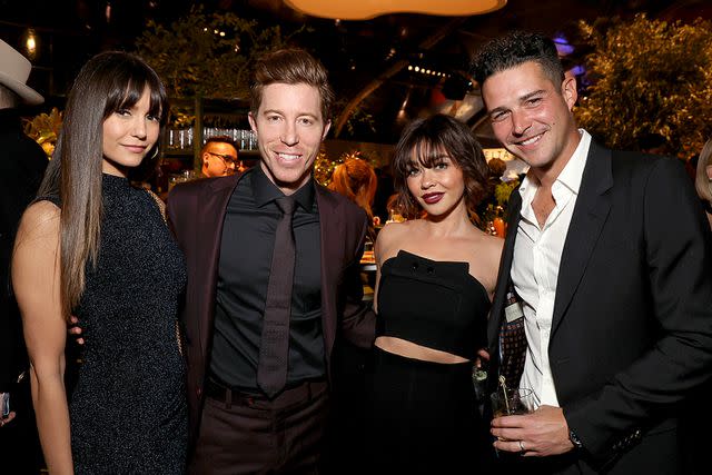 <p>Kevin Mazur/Getty</p> Nina Dobrev, Shaun White, Sarah Hyland and Wells Adams