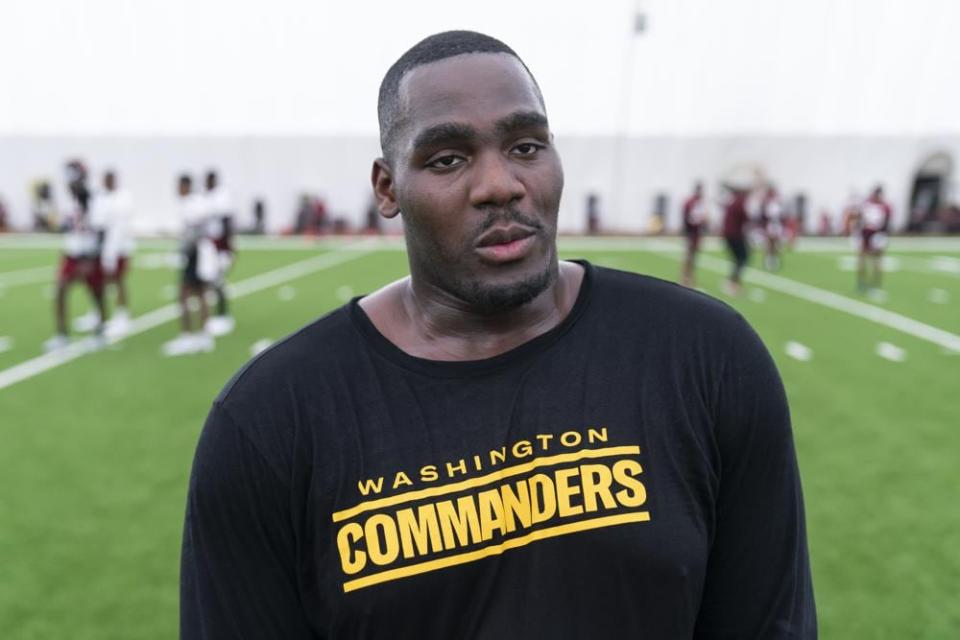 Washington Commanders guard Chris Paul speaks with reporters after a rookie minicamp practice at the team’s NFL football training facility, Friday, May 6, 2022 in Ashburn, Va. (AP Photo/Alex Brandon)