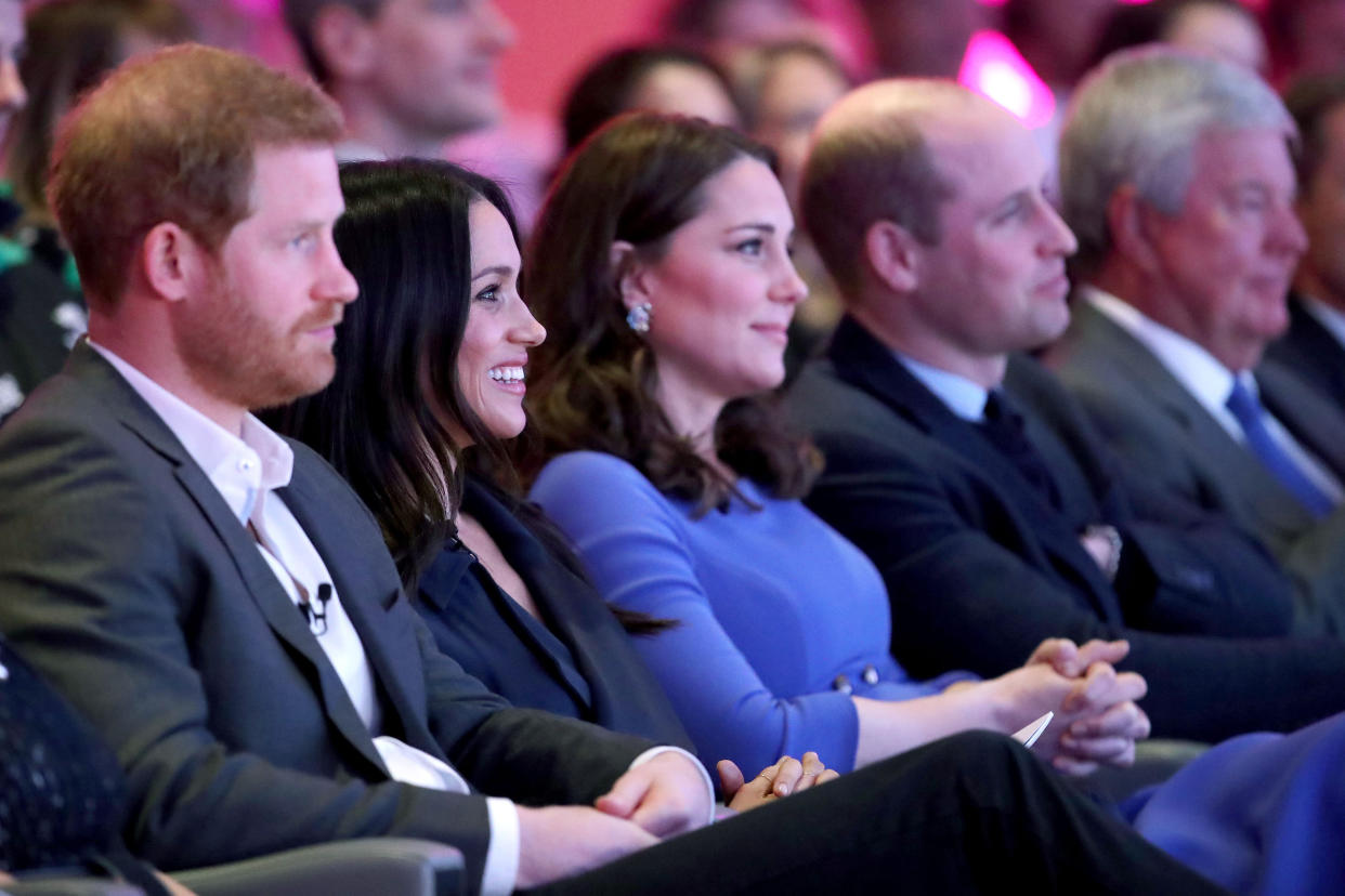 File photo dated 28/02/18 of (left to right) the Duke of Sussex and the Duchess of Sussex with the Duchess and Duke of Cambridge during the first Royal Foundation Forum in central London. The Duchess of Sussex is quitting royal duties 682 days after she married into the Windsors.