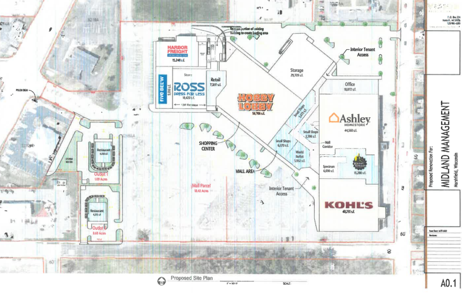 A layout rendering of the Marshfield Mall site, which features space for Hobby Lobby, Ross Dress for Less, Five Below and Planet Fitness.