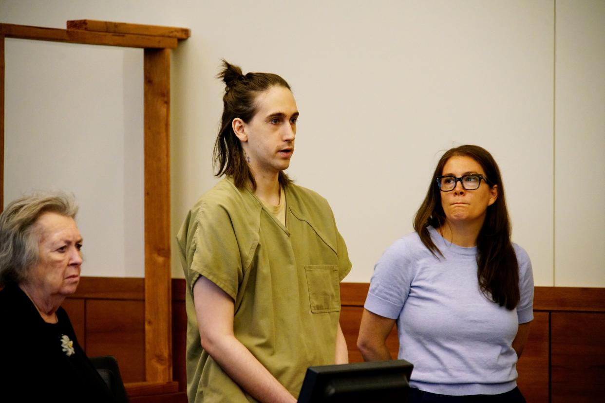 Joshua Binkley, 23, center, appeared Tuesday in Franklin County Common Pleas Court for his sentencing for aggravated murder in the May 31, 2020 shooting death of Kenneth Ramsey and for another case with his defense attorneys, Joe Kaiser, left, and Emily Anstaett.