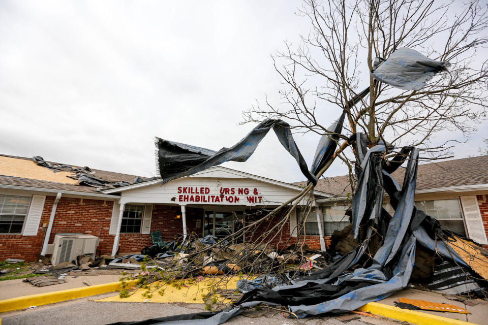 Shawnee Colonial Estates sits in rubble on Thursday after a storm hit Shawnee Okla., on Wednesday, April 19, 2023.