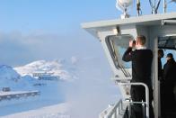 Danish inspection vessel P571 Knud Rasmussen is pictured while rescuing a ship stuck in the ice