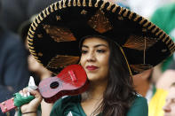 <p>A fan of Mexico at the stands after her team’s 0-2 lost against Brazil in a round of 16 match at the 2018 soccer World Cup in the Samara Arena, in Samara, Russia, Monday, July 2, 2018. (AP Photo/Eduardo Verdugo) </p>