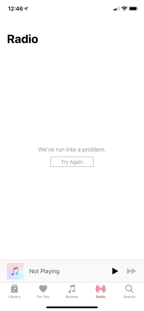 Apple Music's Radio functionality appears to be down.