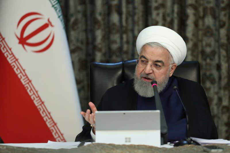 Iranian President Hassan Rouhani speaks during a meeting of the Iranian government task force on the coronavirus, in Tehran