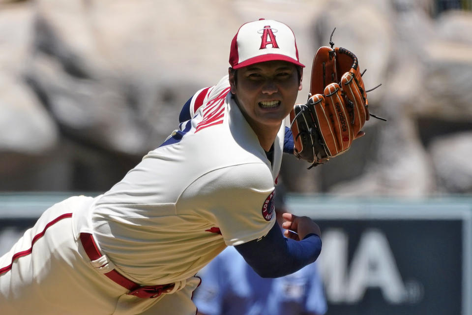 Los Angeles Angels starting pitcher Shohei Ohtani throws to the plate during the second inning of a baseball game against the Cincinnati Reds Wednesday, Aug. 23, 2023, in Anaheim, Calif. (AP Photo/Mark J. Terrill)