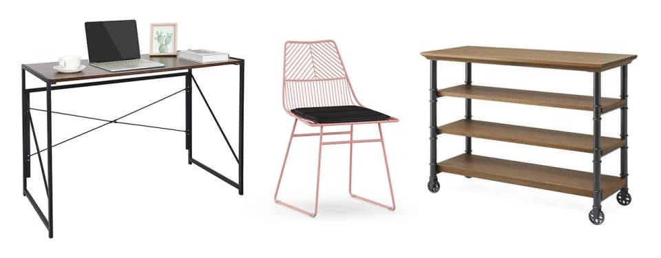 Walmart foldable desk, oink metal chair and kitchen storage on sale