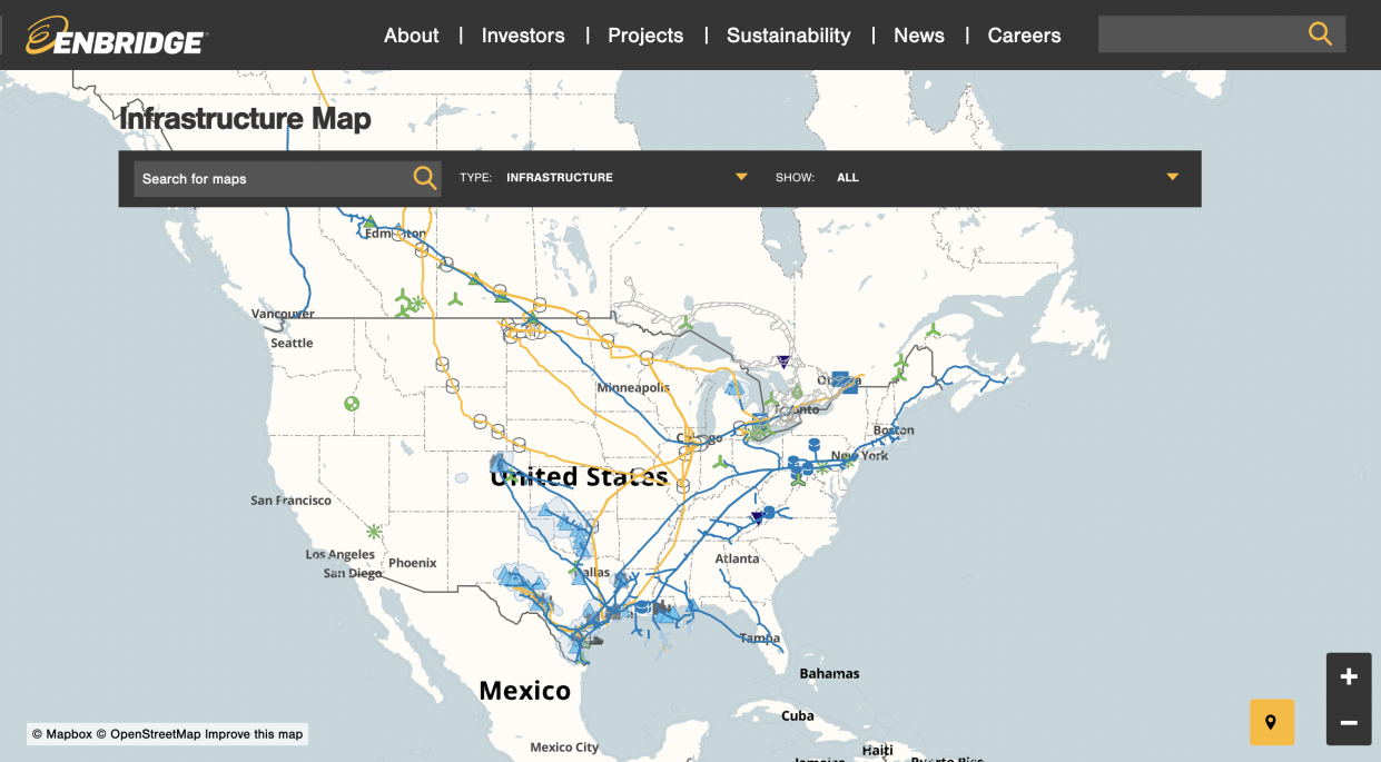 Screenshot of a map of Enbridge's pipeline system, Enbridge's website, 12-3-21