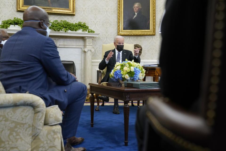 President Biden speaks during an Oval Office meeting on Tuesday.