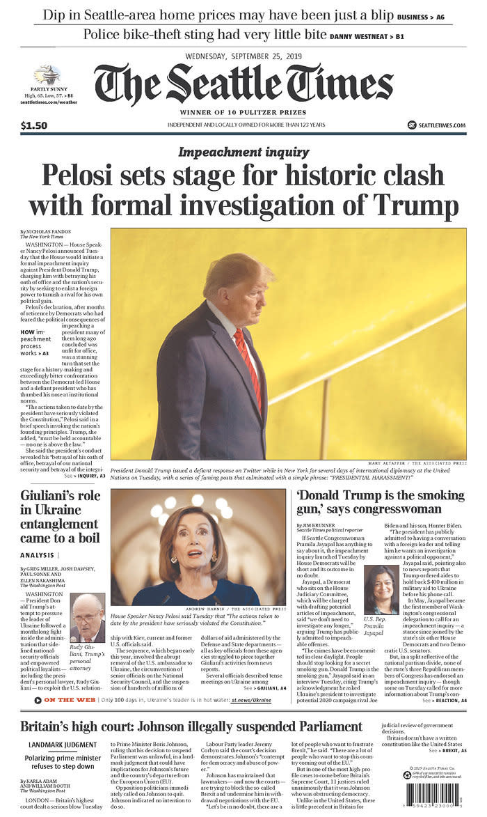 Pelosi sets stage for historic clash with formal investigation of Trump The Seattle Times Published in Seattle, Wash. USA. (newseum.org)