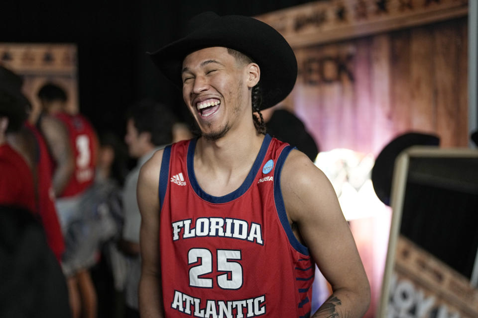 Florida Atlantic forward Tre Carroll poses during a promo in preparation for the Final Four college basketball game in the NCAA Tournament on Thursday, March 30, 2023, in Houston. San Diego State will face Florida Atlantic on Saturday. (AP Photo/David J. Phillip)