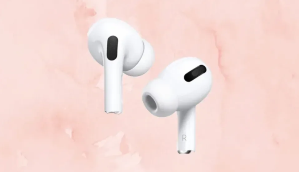 2 white Apple AirPods are shown against a pale pink background.