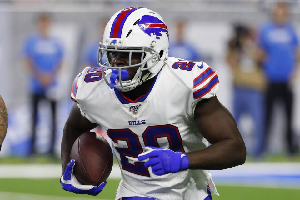 FILE - In this Aug. 23, 2019, file photo, Buffalo Bills running back Frank Gore (20) runs the ball in the first half of an NFL preseason football game against the Detroit Lions, in Detroit. The New York Jets made lots of major changes in the offseason. The Buffalo Bills did, too. The AFC East rivals are looking for much better results this season _ starting with Sunday's opening game at MetLife Stadium. (AP Photo/Rick Osentoski, File)