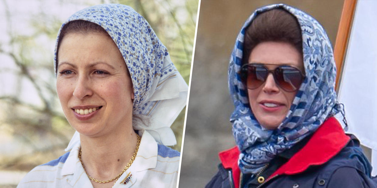 (L) British Royal Princess Anne during a visit to the Upper Volta, West Africa, Feb. 24, 1984. (L) Claudia Harrison as Princess Anne, Elizabeth and Philip’s second child and only daughter. (Getty Images, Splash News)