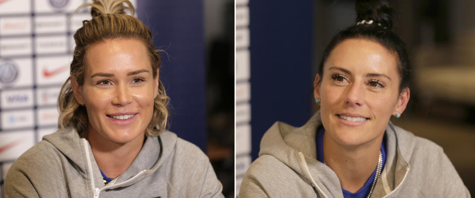 FILE - At left, in a May 24, 2019, file photo, U.S. women's national soccer team player Ashlyn Harris speaks to reporters in New York. At right, also in a May 24, 2019, file photo, teammate Ali Krieger speaks to reporters in New York. Many World Cup teammates have special bonds. The tie that binds U.S. defender Krieger and goalkeeper Harris is likely the strongest at the tournament. They got engaged last year and are planning a December wedding. (AP Photo/Seth Wenig, File)