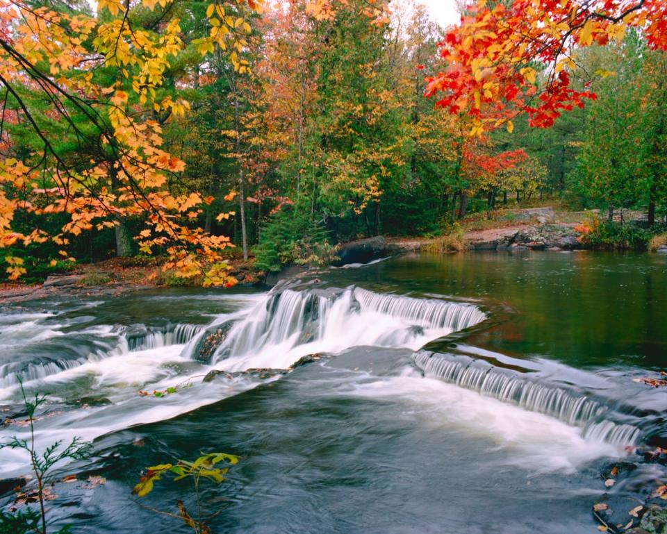 Bond Falls on the Ontonagon River is accessible from Bond Falls Road east of Paulding in Michigan's Upper Peninsula. Located in the Bond Falls Scenic Site off Bond Falls, a short hike from the parking area provides several great vantage points of the falls.