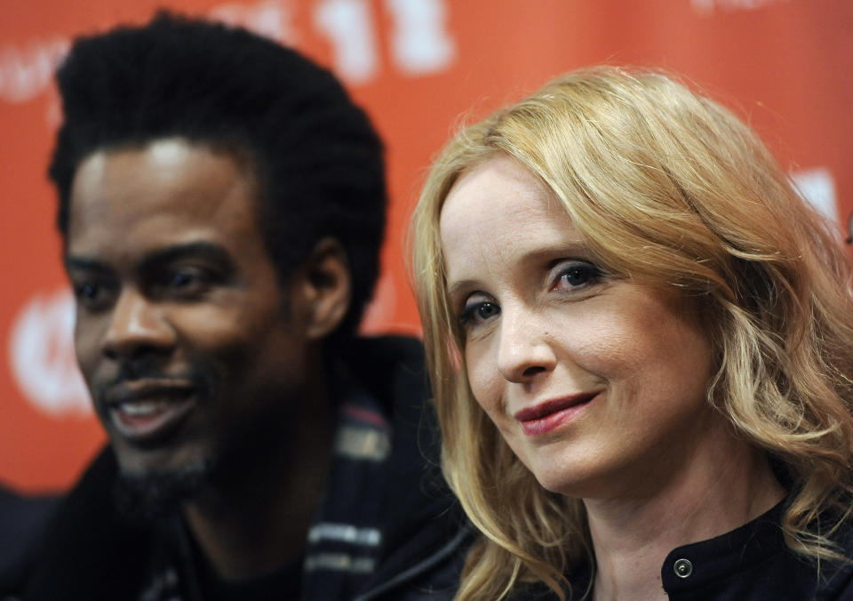 FILE - In this Jan. 23, 2012 file photo, Julie Delpy, a cast member, co-writer and director of "2 Days in New York," poses with cast member Chris Rock at the premiere of the film at the Sundance Film Festival in Park City, Utah. Delpy's “2 Days in New York," a follow-up to her “2 Days in Paris," starring Delpy and Chris Rock, will be shown at the Tribeca Film Festival. (AP Photo/Chris Pizzello, file)