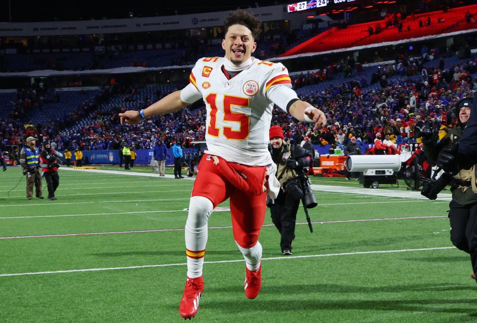 ORCHARD PARK, NEW YORK - JANUARY 21: Patrick Mahomes #15 of the Kansas City Chiefs celebrates after defeating the Buffalo Bills in the AFC Divisional Playoff game at Highmark Stadium on January 21, 2024 in Orchard Park, New York. (Photo by Timothy T Ludwig/Getty Images)