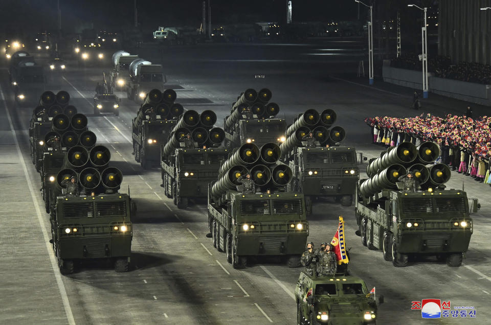 FILE - This photo provided by the North Korean government shows a military parade marking the ruling party congress, at Kim Il Sung Square in Pyongyang, North Korea on Jan. 14, 2021. Independent journalists were not given access to cover the event depicted in this image distributed by the North Korean government. The content of this image is as provided and cannot be independently verified. Korean language watermark on image as provided by source reads: "KCNA" which is the abbreviation for Korean Central News Agency. (Korean Central News Agency/Korea News Service via AP, File)