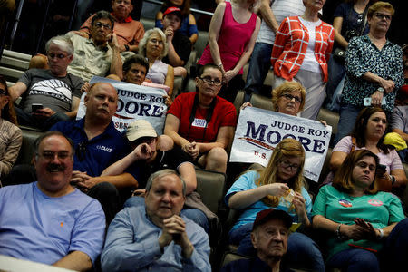 A handful of supporters of Judge Roy Moore look on as U.S. President Donald Trump speaks at a campaign rally for Senator Luther Strange in Huntsville, Alabama, U.S. September 22, 2017. REUTERS/Aaron P. Bernstein