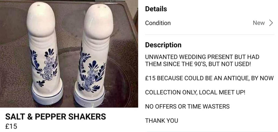 Listing of two phallic-shaped salt and pepper shakers on Facebook marketplace