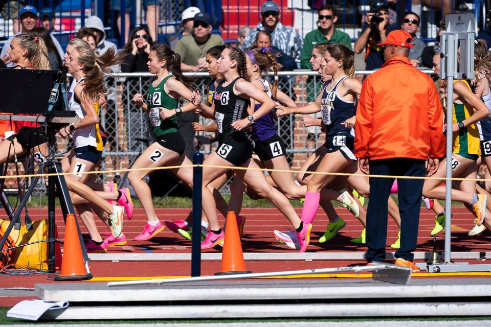 Runners, including Hatboro-Horsham's Emily Simko (#6), compete in the 3A 1600-meter run at the PIAA Track and Field Championships at Shippensburg University Friday, May 26, 2023. Simko finished in fourth place with 4:51.01.