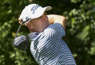 Justin Thomas hits his tee shot on the 14th hole during round two of the Canadian Open golf tournament at St. George's Golf and Country Club in Toronto, Friday, June 10, 2022. (Nathan Denette/The Canadian Press via AP)