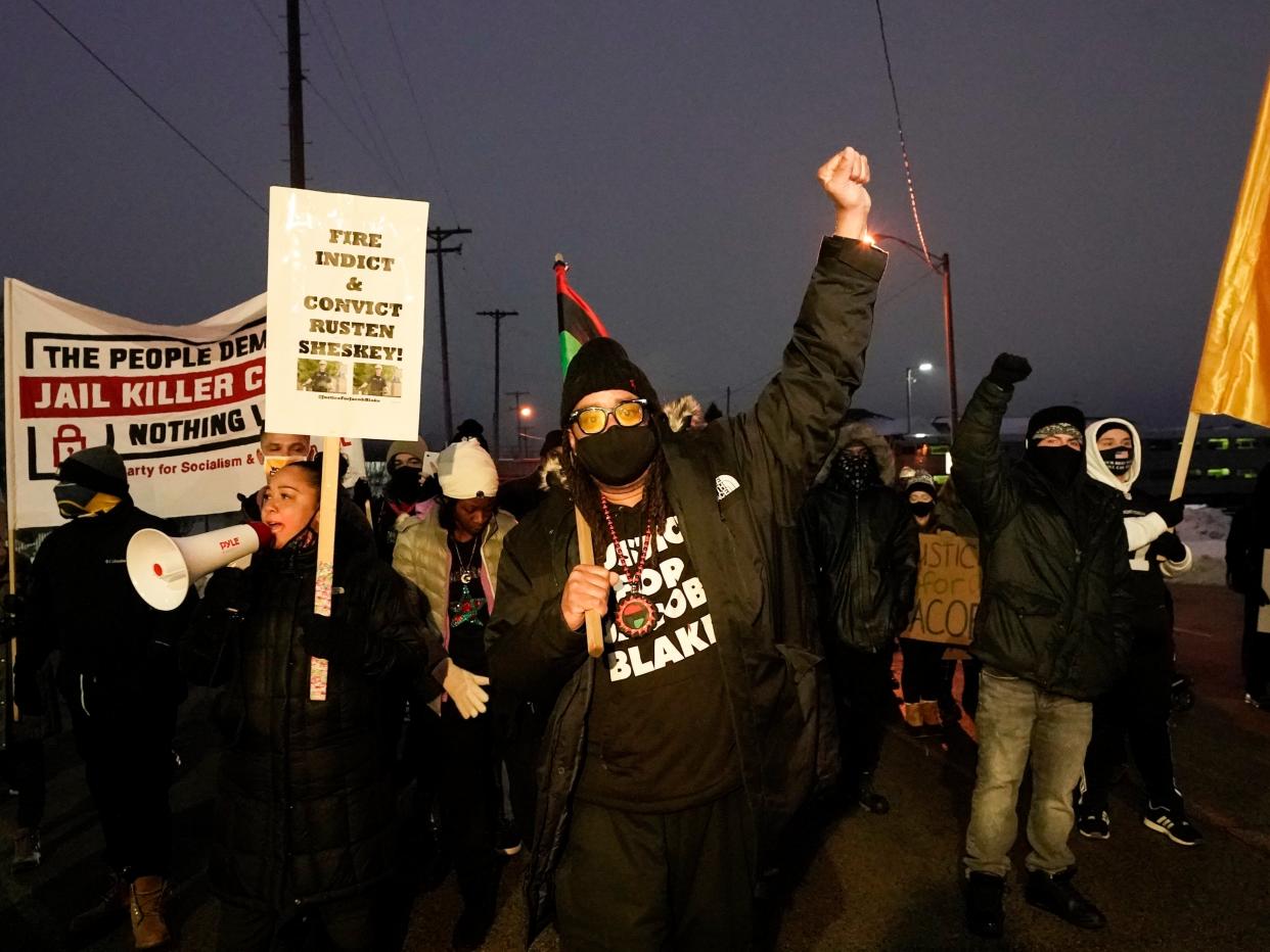 In this Jan. 4, 2021 file photo, Justin Blake, uncle of Jacob Blake, leads a march in Kenosha, Wisconsin.  (AP)