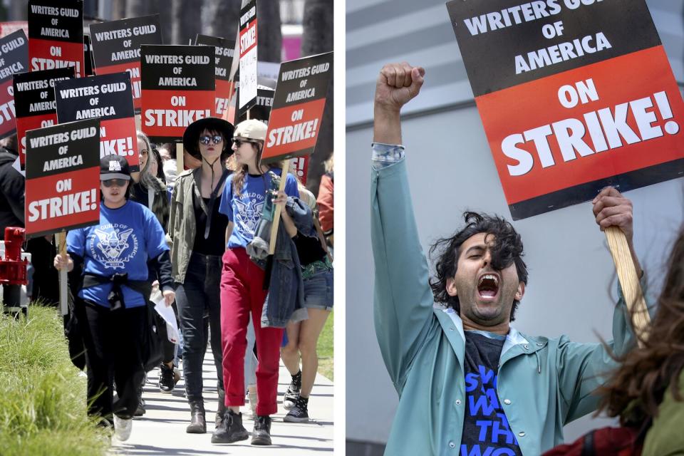 Left, a group of protesters with picket signs, and, at right, a man with raised fist and chants holding a sign