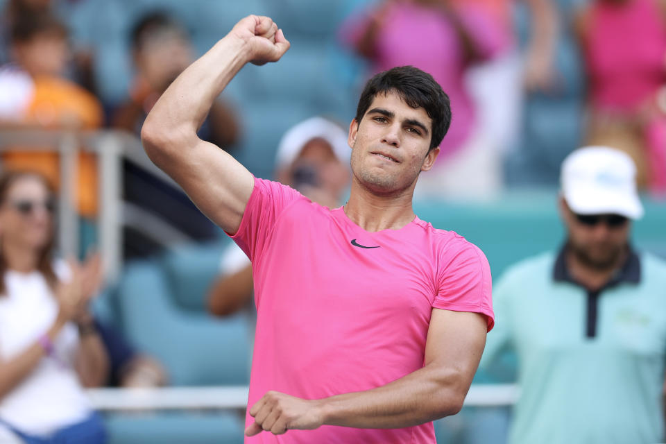 Seen here, Spain's Carlos Alcaraz reacts after defeating Dusan Lajovic at the Miami Open. 