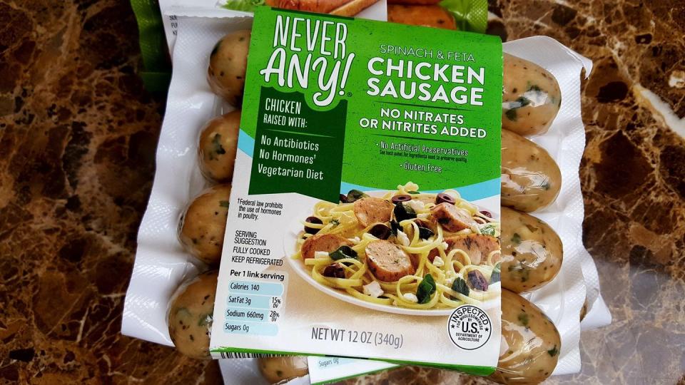 <p>Aldi's Never Any! brand comes with the promise of meat without antibiotics and hormones, and they don't stop there, also often cutting nitrates, nitrites, and more. That makes the products from this brand stand out right away. Then, there are varieties and flavors that make items like chicken sausage a must for turning any dinner into a crowd-pleaser, like Spinach & Feta and Tomato Basil.</p>