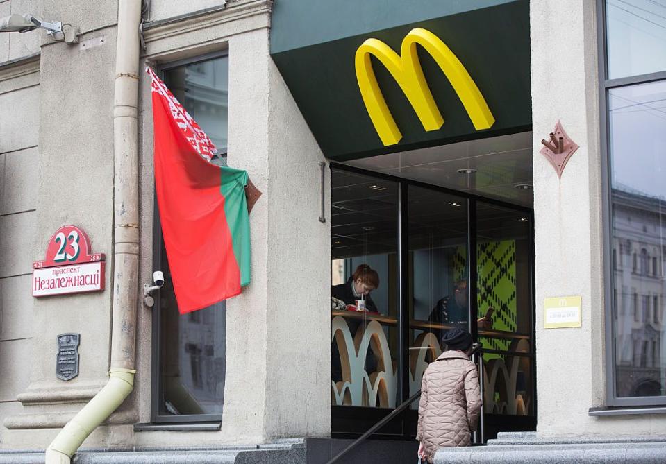 A customer enters a McDonald's fast food restaurant on Independence Avenue in Minsk, Belarus, on March 16, 2016. (Andrey Rudakov/Bloomberg via Getty Images)