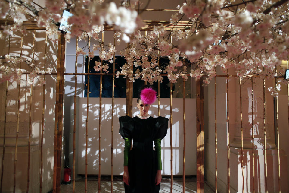 A model wears a creation by French designer Christian Lacroix for Schiaparelli's fashion collection presented in Paris, Monday, July 1, 2013. (AP Photo/Thibault Camus)