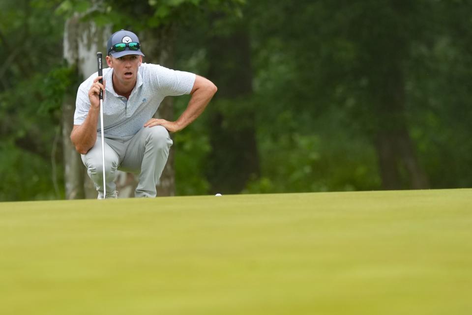 Jeremy Wells reads his putt on the eighth green during the second round of the PGA Championship at Valhalla Golf Club on Saturday, May 18, 2024