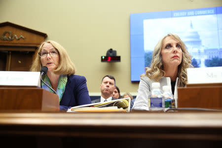 USOC acting chief Susanne Lyons and USA Gymnastics CEO Kerry Perry testify at a House Energy and Commerce Committee hearing on Olympic athletes and sexual abuse on Capitol Hill in Washington, U.S., May 23, 2018. REUTERS/Jonathan Ernst