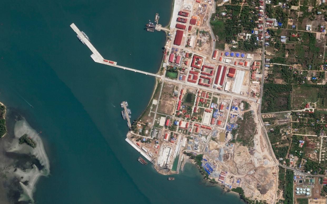 Satellite photo shows two Chinese corvettes docked at the Ream Naval Base, Cambodia, on the Gulf of Thailand