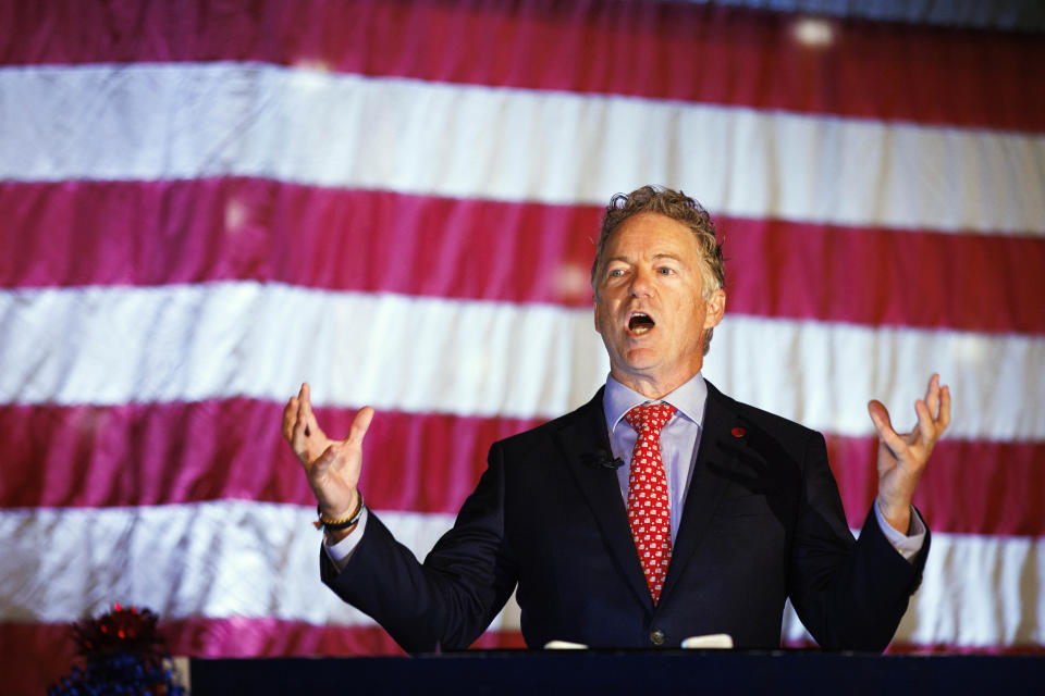 Sen. Rand Paul, R-Ky, gives a victory speech at the Bowling Green Country Club after defeating Democratic candidate Charles Booker, Tuesday, Nov. 8, 2022, in Bowling Green, Ky. (AP Photo/Michael Clubb)