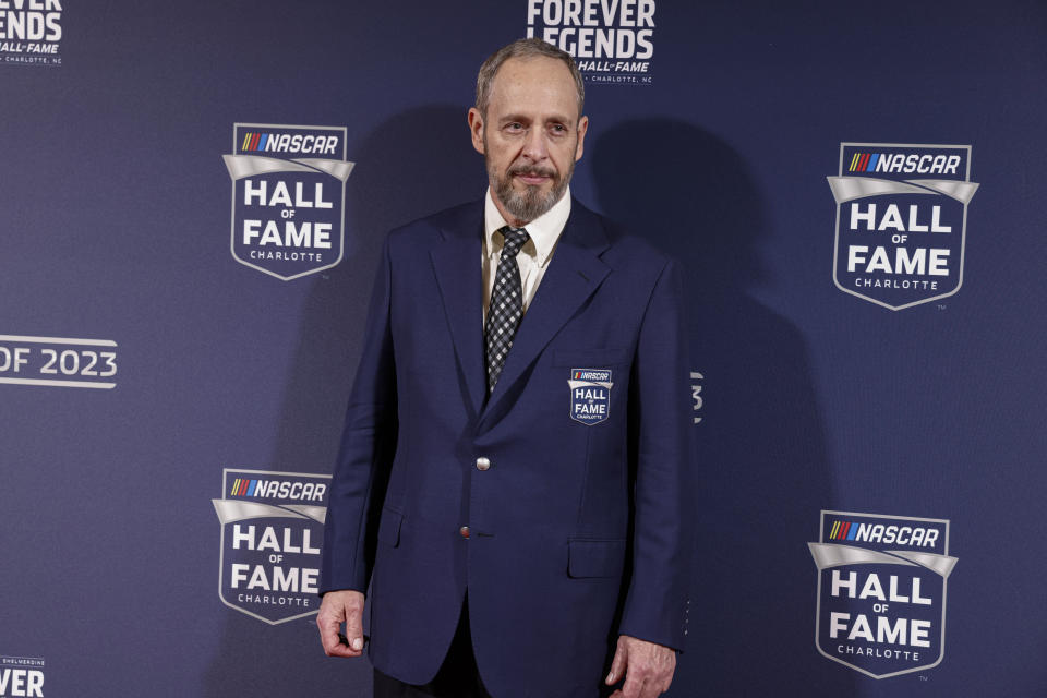 Kirk Shelmerdine, a former crew chief, arrives for the NASCAR Hall of Fame inductions in Charlotte, N.C., Friday, Jan. 20, 2023. (AP Photo/Nell Redmond)