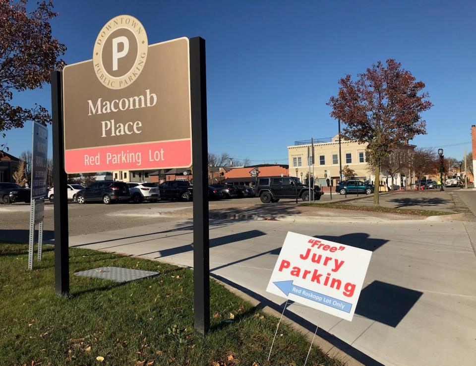 A sign designating free jury parking for jurors coming for jury duty at Macomb County Circuit Court in Mt. Clemens.