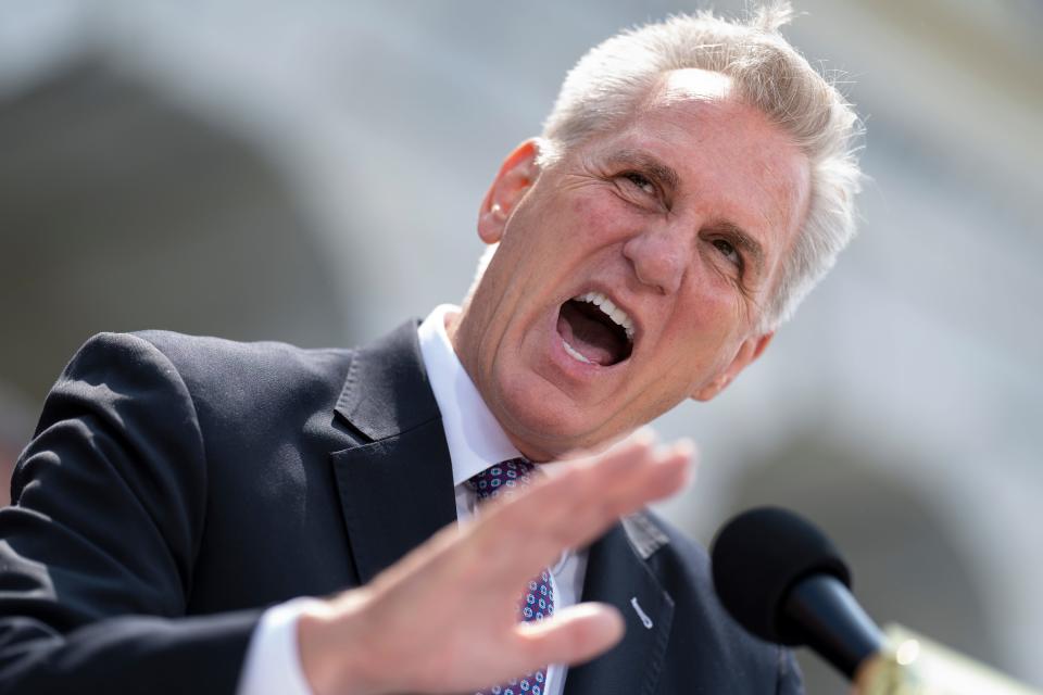 Speaker of the House Kevin McCarthy, R-Calif., criticizes President Joe Biden's policies and efforts on the debt limit negotiations as he holds a news conference at the Capitol in Washington, Wednesday, May 17, 2023.