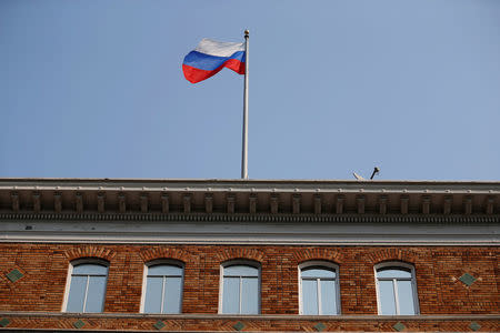 The Russian flag waves in the wind on the rooftop of the Consulate General of Russia in San Francisco, California, U.S., September 2, 2017. REUTERS/Stephen Lam