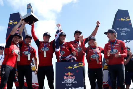 Sailing - Youth America's Cup - Hamilton, Bermuda - June 21, 2017 - British sailor Annabel Vose celebrates with her Land Rover BAR Academy teammates after winning Youth America's Cup. Picture taken June 21, 2017. REUTERS/Mike Segar