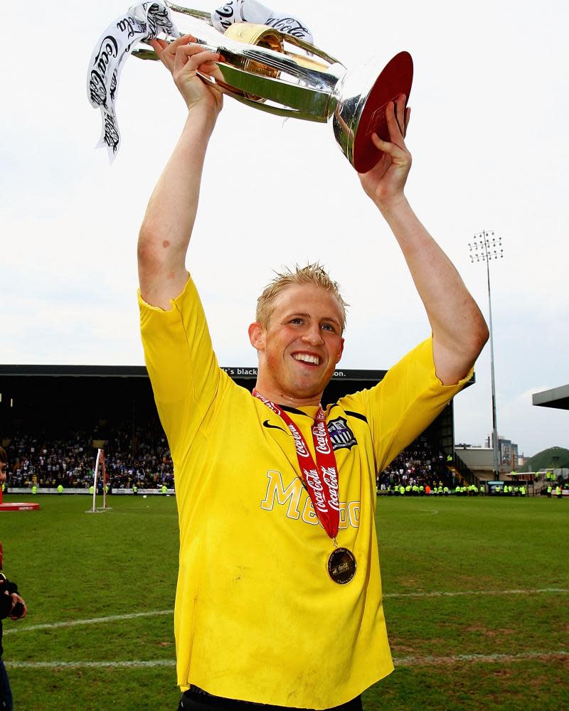 Kasper Schmeichel celebrates winning League Two with Notts County