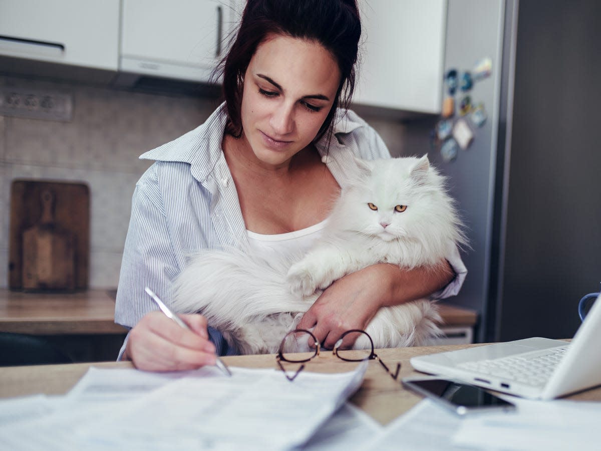 A photo of a woman working on her taxes at a kitchen table while holding a cat.