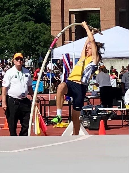 River Valley's Cooper Miller competes in the boys pole vault last year at the Division II track and field state championships at Ohio State's Jesse Owens Memorial Stadium.